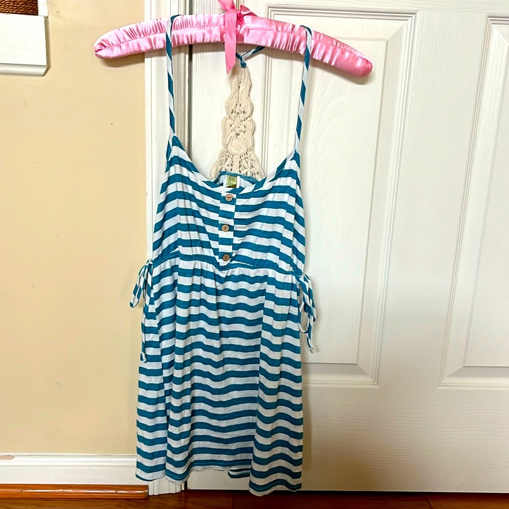 Blue and white striped tank with lace back.